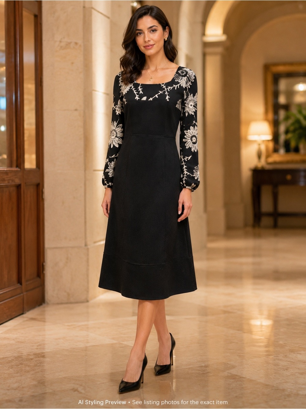 Moon Ports Wool Blend Midi Dress Black Floral Sleeve Sheath Career US 4
